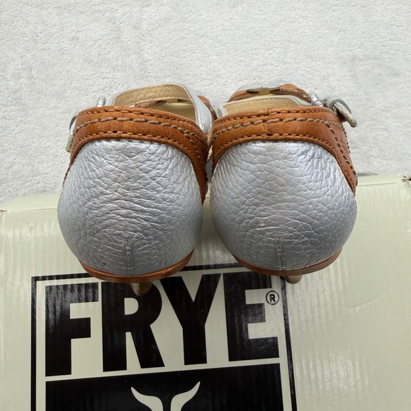 FRYE Agnes Woven Leather Silver Brown Peep Toe Heel Sandals Sz 6.5M MSRP $198 - Picture 9 of 10
